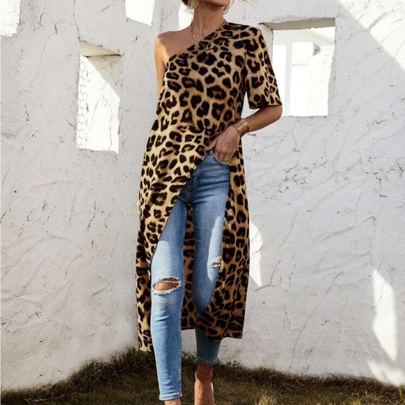 One Shoulder Leopard Print Asymmetrical High Low Tunic Top Blouse Shirt - Picture 4 of 7
